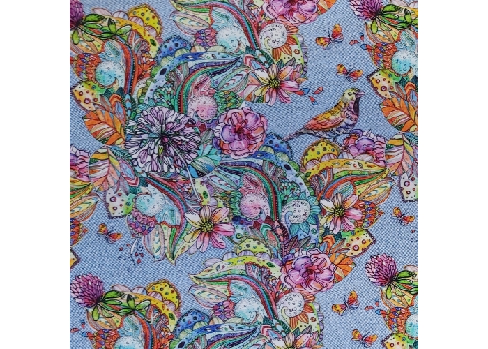 DZIANINA DRESOWA - KWIATY NA JEANSIE - 240g/m²/180cm